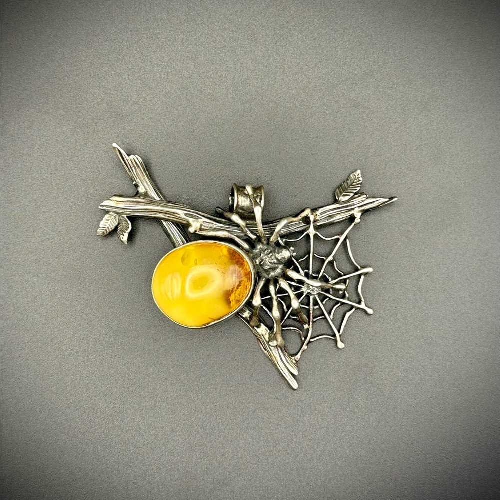 Sterling silver baltic Amber pendant 925 amber jewelry spider web gothic punk